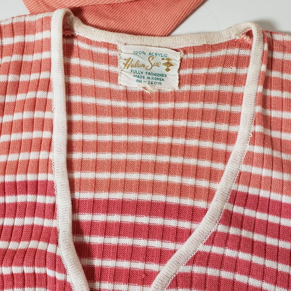 Vtg Open Coral Striped Cardigan Twin Set Matching AEO Cropped Babydoll Puff Slv